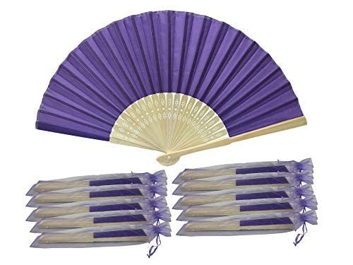 FANSOF.FANS Royal Purple Pack of 10 Wholesale Silk Fabric Handheld Folding Fan with Grade A Bamboo Ribs for Women Girls Summer Party Event Favour Birthday Wedding Best Gift
