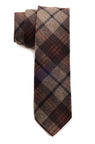 Mens Necktie Plaid Cashmere Wool Slim Tie 2.4 inch Brown