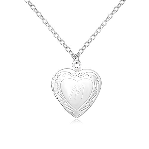 SENFAI Initial Alphabet Letter Heart Shaped Photo Frame Memory Locket Pendant Necklace 18"(M)