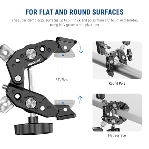 NEEWER Heavy Duty Super Clamp with Two 360° Dual Ball Head Magic Arms, 1/4" 3/8" Screw Threads, Phone & Action Camera Mount Adapter for Flat/Round Surface Compatible with GoPro DJI Insta360 DSLR