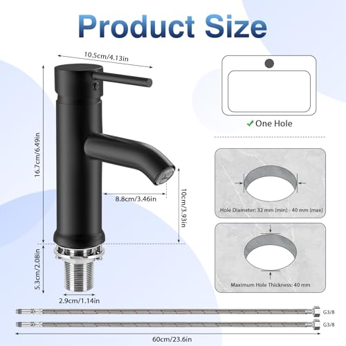 Round Stainless Steel Bathroom Faucet, Matte Black Basin Faucet with 2 Hoses, Scratch Resistant and Corrosion Resistant Hot and Cold Sink Mixer Tap for Vanities Basins Bathroom