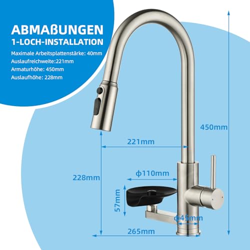 Mynaiad Kitchen Tap with Cup Washer, Pull Out Spray, Double Outlet, 360° Rotation, Kitchen Tap Tap Brushed 304 Stainless Steel