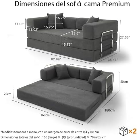 Sofá-cama de 2 lugares de 160cm com espuma e molas para a sala de estar, cinzento