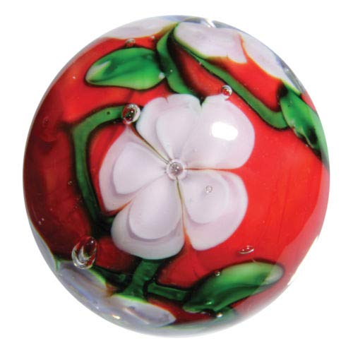 Big Game Toys~22mm (7/8") Chrysanthemum Hand Made Art Glass Marble w/Stand Clear/Red/White Flower