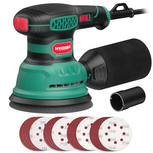 Hychika Orbital Sander, 300W 12000OPM Wood Sander, 6 Speed, with 16 Pieces Sanding Discs 125, with Quick Brake Function for Wood Sanding and Polishing