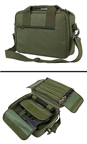 OD Green HK H&K Heckler Koch 9mm .22 .357 Sig 38 Special .40 S&W .45 ACP GAP Dual Tactical Handgun Revolver Case Bag Holds 2 Pistols with 10 Single Double Stack Magazine Pockets and Carry Handle