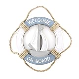 Wooden Nautical Life Ring Wall and Door Hanging Ornament Plaque,Welcome On Board,11.6"x8" Welcome Sign (Sail Boat)
