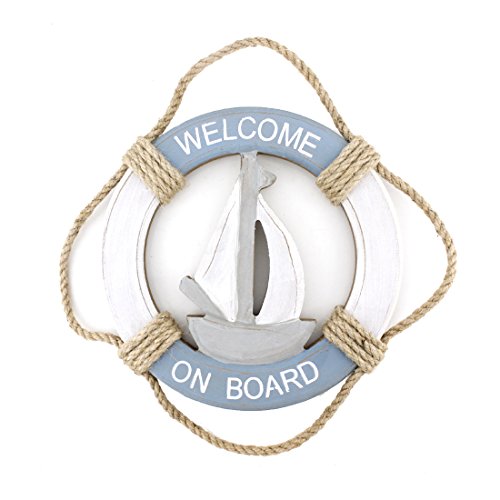Wooden Nautical Life Ring Wall and Door Hanging Ornament Plaque,Welcome On Board,11.6"x8" Welcome Sign (Sail Boat)