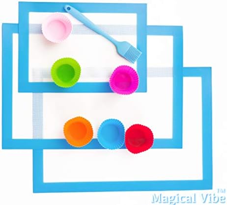 Magical Vibe Silicone Baking mats Set of 3 Non Stick Baking Sheet Comes with 6 Silicone Cupcakes Moulds and 1 Pastry Brush