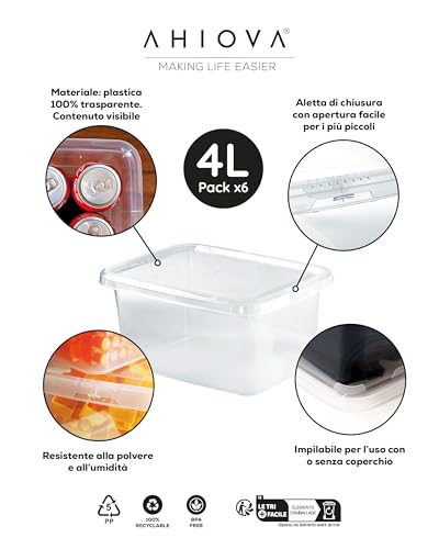 AHIOVA 4L Small Plastic Boxes with Lids Set of 6 Stackable Storage Boxes 100% Transparent Click Pressure 26.5 x 19.5 x 12.5 cm Bathroom Drawers Office BPA Free Made in Europe