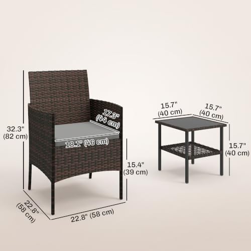 Outsunny 3 Piece Wicker Patio Furniture Set, Rattan Bistro Set with 2 Patio Chairs, 2-Tier Glass Table, Cushions, Outdoor Conversation Furniture for Porch, Balcony, Dark Grey