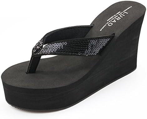 Summerwhisper Women's Glitter Sequined Platform Thing Sandals Antiskid Wedge Heel Sandy Flip Flops