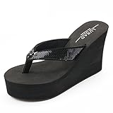 Summerwhisper Women's Glitter Sequined Platform Thing Sandals Antiskid Wedge Heel Sandy Flip Flops Black 7.5 B(M) US