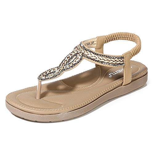 Meeshine Womens Summer Beach Flat Sandals Rhinestone Shiny Beads Slip On Flip Flops Thong Shoes(9 B(M) US,Beige 07)