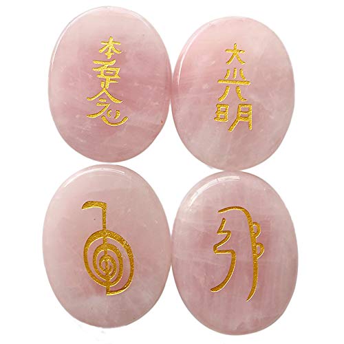 Lovionus89 4 Pcs Rose Quartz Engraved Chakra Stones Healing Crystal Reiki Balancing Palm Stone, 45mm