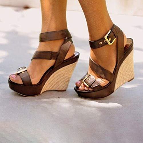 Respctful✿Womens Wedge Platform Espadrille Cross Ankle Strap Slingback Open Toe Summer High Heel Sandals Brown