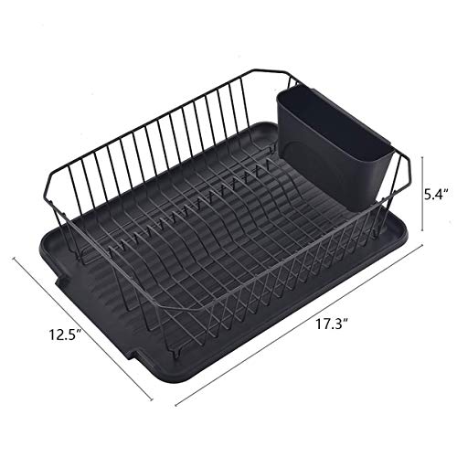 ENGELCH Matte Black Rust-Proof Kitchen Draining Dish Drying Rack, Dish Rack With Black Drain Board, 1 Wide Tableware Rack and Knife Holder Accessory
