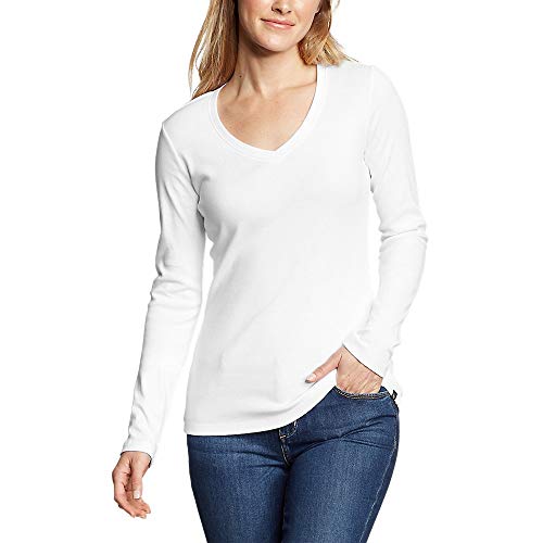 Eddie Bauer Women's Favorite Long-Sleeve V-Neck T-Shirt, White Petite M Petite