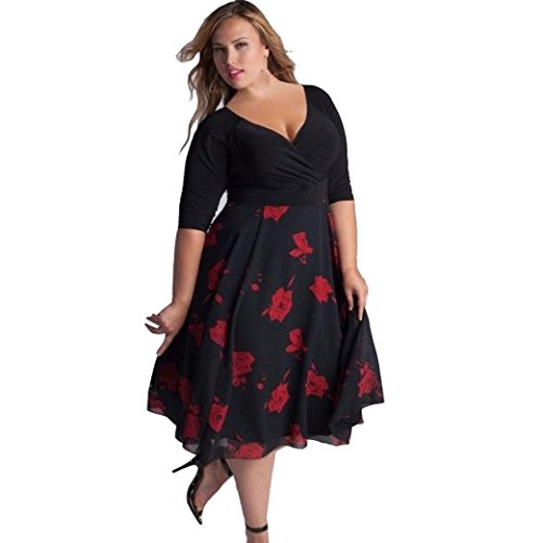 Hot Sale! Women Plus Size Floral V neck Short Sleeve Cocktail Evening Party Swing Midi Dress (XXL, Red)