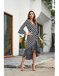 Vestido vintage de lunares para mujer, manga acampanada, cuello en V, volantes, con cinturón, para cóctel