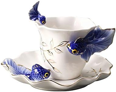 Creative Design Goldfish Coffee cups Suit Ceramic francs coloured drawing or pattern Creative tea cups Fashion gift (blue)
