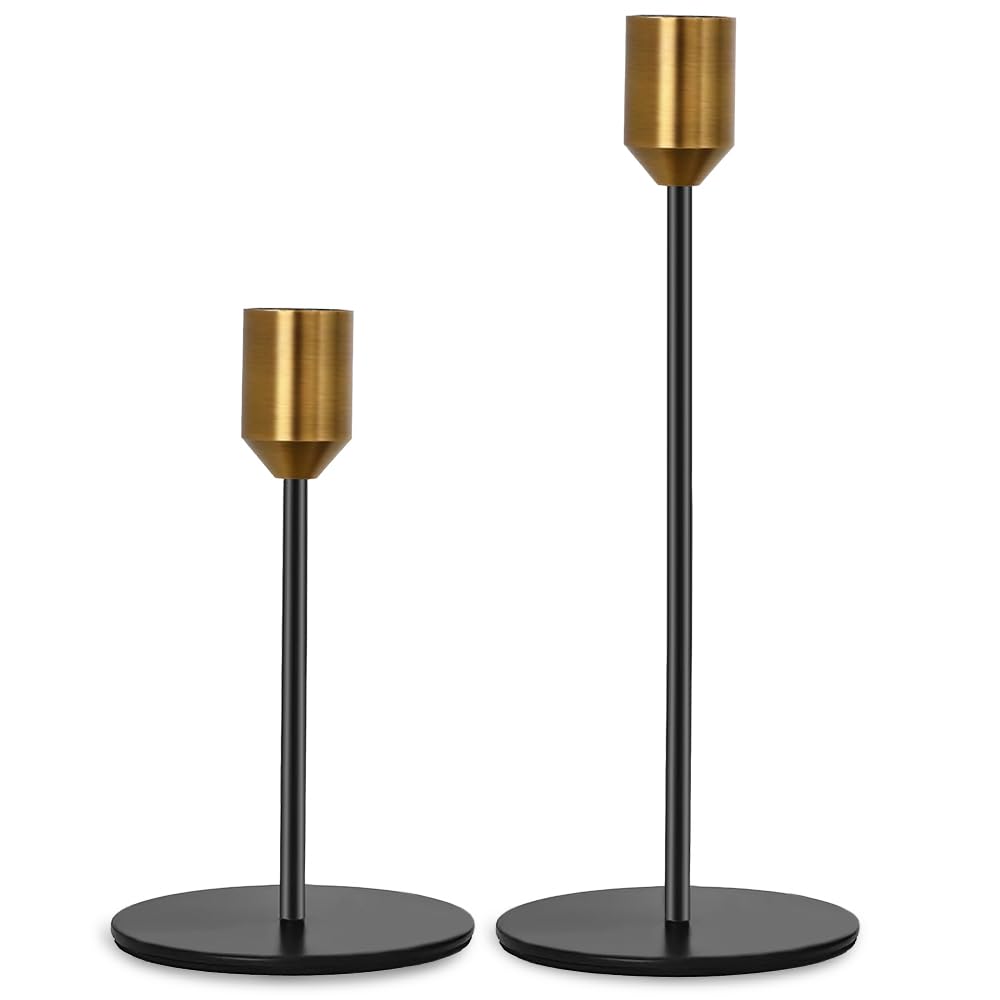MIVITOOM 2 Pcs Black Gold Candle Candlestick Holders - Fits 0.9 inch Tapered Candle Pillar Holders Stands, Vintage Table Candle Holders for Wedding, Living Room, Dinners Ornaments Decorations