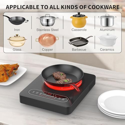 VBGK Vitroceramica Portable 2000W, Portable Vitro with Timer, 8 Power Levels, 220V~240V with Plug, Electric Plate for Camping Compatible with All Types of Pots