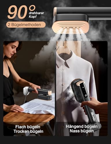 Sundu Steamer with 2 Water Tanks (180 ml and 100 ml), 15S Fast Heating, 24 g/min Strong Steam Performance, Travel Iron with Touch Control, LED Display, Steam Iron Black