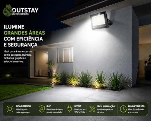 Refletor LED 400W 120 LEDs Branco Frio Bivolt IP67 Alta Potência Para Área Externa OutStay