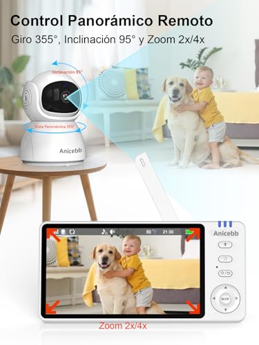 Camara Vigilancia Bebe 720P HD 5", Vigilabebés con Cámara y Audio sin WiFi, Pan Tilt Zoom 2X/4X, Batería 3500mAh con 100H en Modo VOX, Alcance 300m, Visión Nocturna, Alertas de Temperatura y Llanto