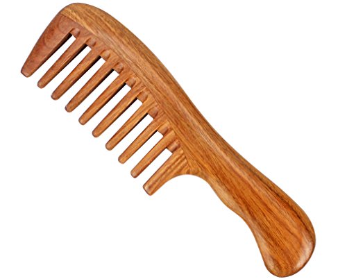 Jaciya Wide Tooth Comb Natural Green Sandal Wooden Hair Comb - No Static Sandalwood Scent Natural Hair Detangler Comb - Handmade Wavy Handle Detangling Comb