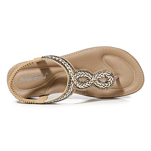 Meeshine Womens Summer Beach Flat Sandals Rhinestone Shiny Beads Slip On Flip Flops Thong Shoes(9 B(M) US,Beige 07)