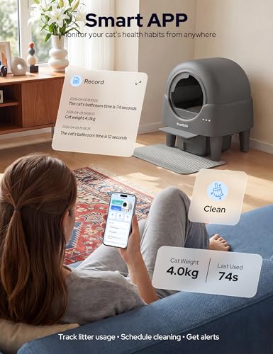 Kveode Automatic Self Cleaning Cat Litter Box, 90L Large Capacity for Cats 2.2-15 lbs, APP Control with Smart Safety Sensors, Quiet Operation, Easy Clean Detachable Globe, Grayish Black