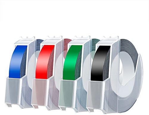 4-Pack Self-Adhesive Vinyl Embossing Tape, 9mm Mixed Colours Durable Plastic Embossing Labels Compatible with DYMO Office Mate II, Organizer Xpress Pro Embossing Label Makers - (Black, Green, Red
