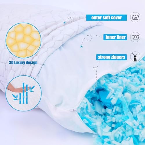 SUPA MODERN Cooling Bed Pillows for Sleeping 1 Pack Shredded Memory Foam Pillows Adjustable Cool Pillow for Side Back Stomach Sleepers Luxury Gel Pillows Standard Size with Washable Removable Cover