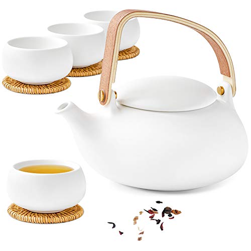 ZENS Ceramic Teapot Set, Matte White Loose Leaf Teapot Infuser & 4 Cups Gift Set, 800ml Modern Japanese Tea Pot with Wood Handle & Rattan Coasters Sets for Adults