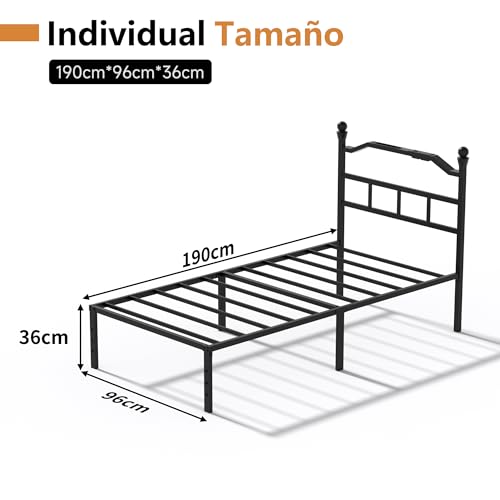 INICO Base de Cama Individual, Marco de Cama Metálico con Metal, Recamara Individual con Cabecero de Metal,Bases Cama con Soporte Lamas Metálicas con 1 Salidas de CA y 1 USB y 1 Type-c 190m*96cm*36cm