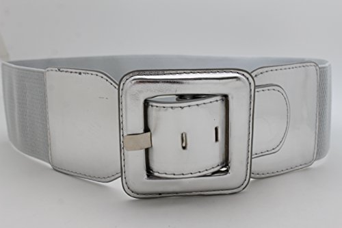 TFJ Women Fashion Belt Hip High Waist Wide Elastic Waistband Square Buckle M L Silver