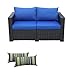 Rattaner Patio PE Wicker Sofa Outdoor Garden Love Seat Chair Couch Furniture Black Rattan with Blue Cushion