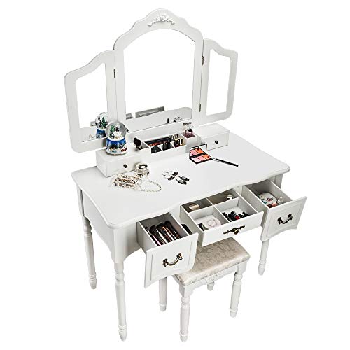 Modern Vanity Table Set with 5 Drawers Large Makeup Vanity Table with Tri-Folding Mirror&Cushioned Stool Bedroom Dressing Makeup Table (White) - Thumbnail 3