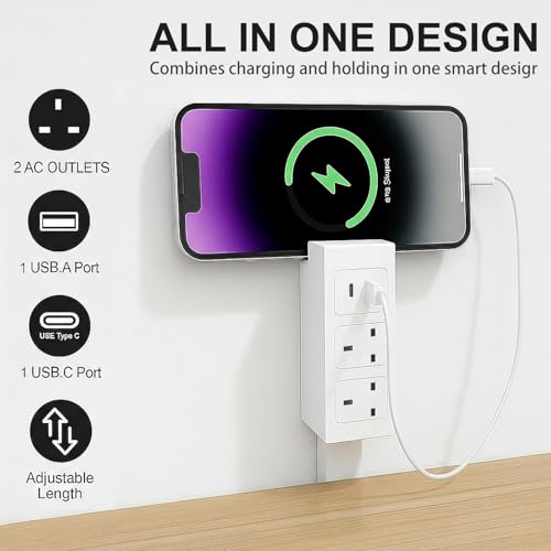 Electrical Outlet Socket Extender Stick,1500W Power Expander Strip with 2 AC Outlets & USB-A & USB-C Ports, 71.5CM Extendable Rotating 180°, Wall Plug for Behind Couches, Nightstands, Desks, (White)