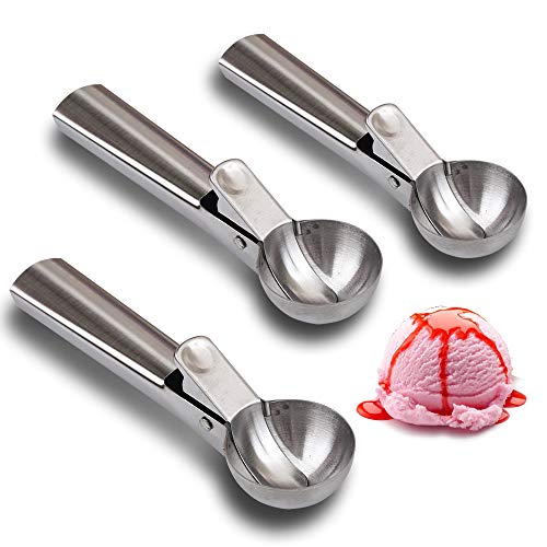 Cozihom Stainless Steel Ice Cream Scoop, with Trigger, Durable & Easy to Use, Nonstick, Dipper for Ice Cream, Fruits, Melon Ball, Sorbet, Meatball, 5CM Ice Cream Ball, 3 PCS