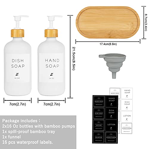 Glass Soap Dispenser with Bamboo Pumps and Tray, 2 Pack 16 Oz Dish and