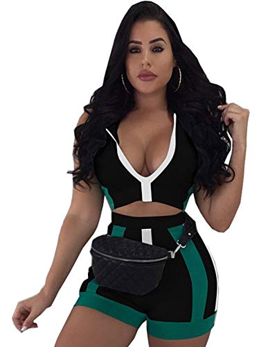 Women Sexy Two Piece Outfits - Summer Rompers Shorts Set Sleeveless Crop Tops with Hoodies Black 2XL