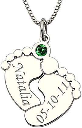 Personalized Baby Feet Necklace with Birthstone Silver Pendant for New Mom Birthstone Mother Necklace Date Jewelry (Silver 22"(55cm))