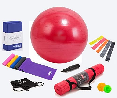 Vitos Yoga Starter Set 18-Piece Set Includes 1/4" Thick Exercise Mat w/ Strap, Yoga Foam Block, 5 Yoga Band, 5 Mini Bands, 1 Exercise Ball w/ Pump, 2 Massage Balls & 1 Gym Fitness Bag (18 Peice Set)