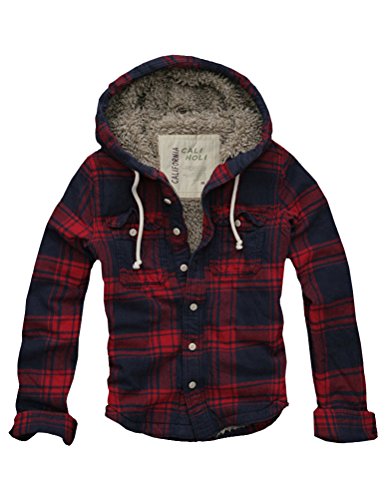 Mens Cali Holi Muscle Fit Faux Fur Lined Flannel Hoodie Red Navy XL (US M~Large)