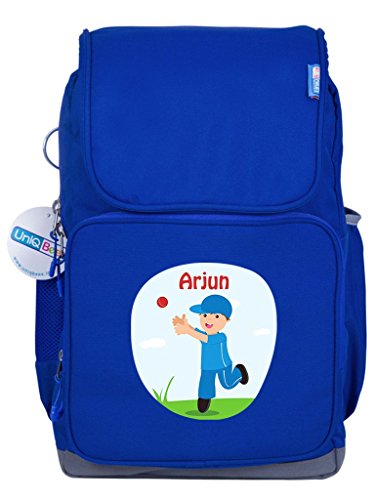 UniQBees Personalised School Bag With Name (Smart Kids Large Backpack-Blue-Cricket 1)
