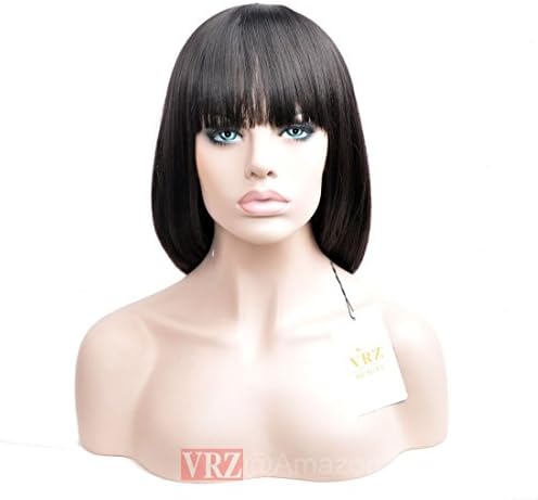 VRZ Short Yaki Bob Wig with Bangs Full Hair Synthetic Short Black Straight Wig For Women 14inch