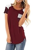 Aranmei Womens Casual Short Sleeve Round Neck Loose Tunic T Shirt Blouse Tops with Pocket Wind Red Medium